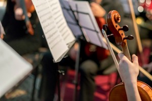 Hand on the strings of a violin. Symphony Orchestra in indoor. selected focus.